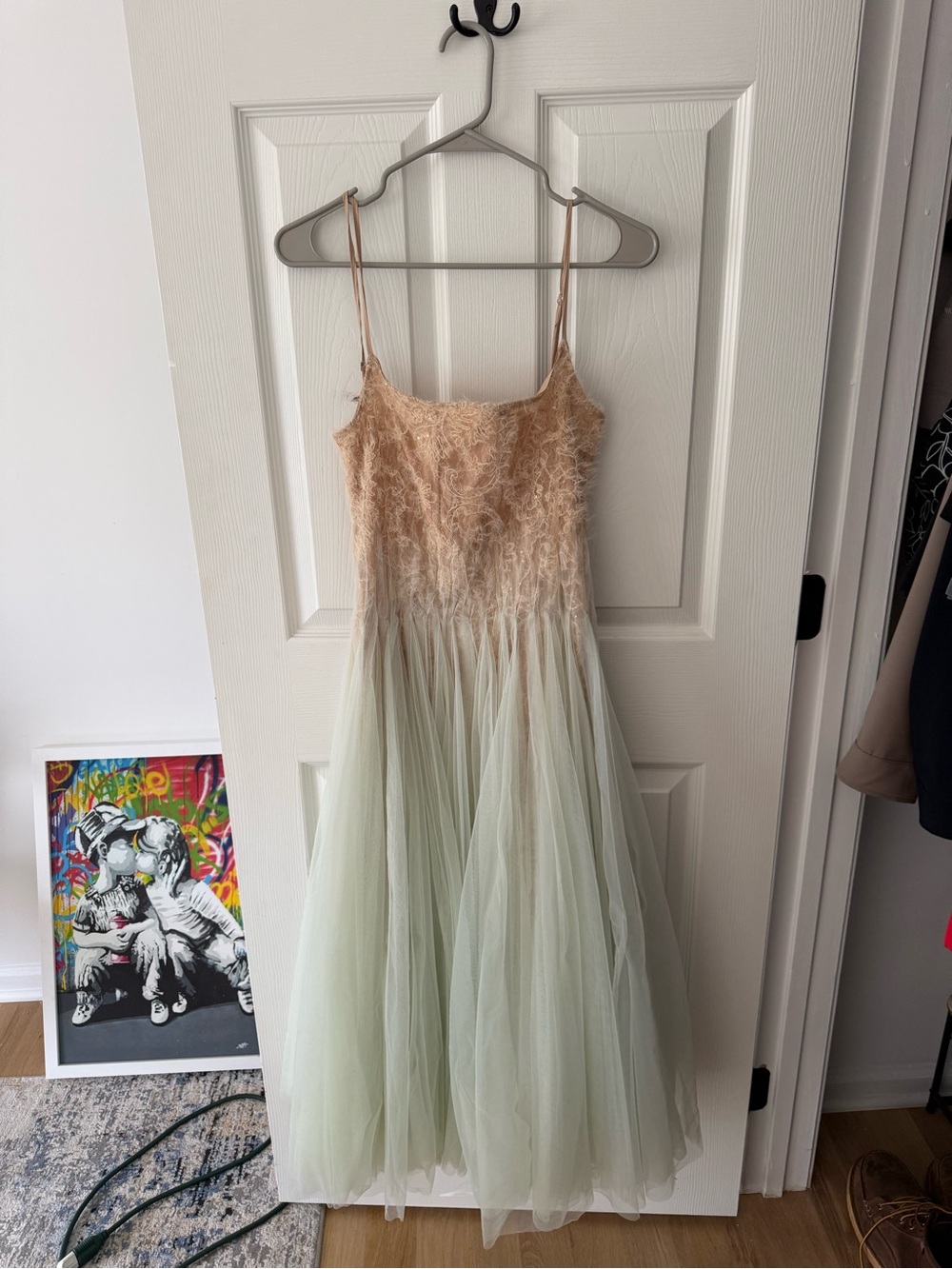 Beige Lace & Mint Tulle A-Line Dress
